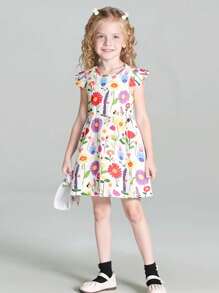 Seven Princess 1 pièce Robe d'été décontractée et confortable pour filles, à imprimé floral, col rond, manches courtes, taille cintrée et coupe évasée