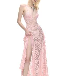 女士性感蕾丝拼布透视荷叶边高开叉不对称荷叶边下摆度假派对海滩罩衫连衣裙（带拖尾）