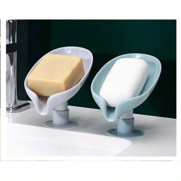 1pc Drainage Soap Dish Leaf-Shaped Soap Holder With Suction Cup Tray Drying Rack Suitable For Shower Spong