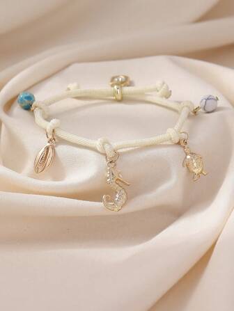 1件夏日可爱海马、心形锁、海龟、石头编织绳手链，适合女士海滩度假派对，馈赠亲朋好友。备注：染色工艺导致颜色略有差异