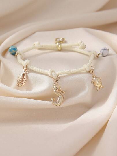 1 szt. Letnia, słodka bransoletka z konikiem morskim, kłódką w kształcie serca, żółwiem morskim, plecioną liną z kamieni, idealna na plażowe przyjęcie dla kobiet, prezent dla przyjaciół i rodziny. Uwaga: Niewielkie różnice w kolorze ze względu na proces barwienia.