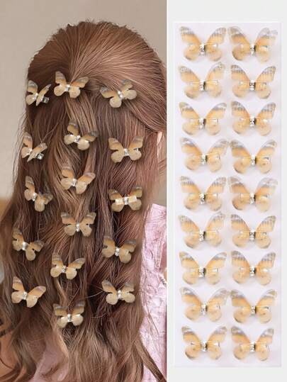 10 件/套女宝宝琥珀色双层水晶透明雪纺蝴蝶迷你发夹，超级仙女公主可爱儿童发饰刘海发夹侧夹