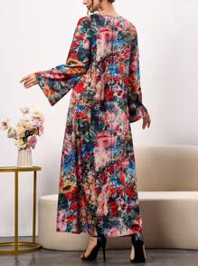 Women's Vintage Floral Print Maxi Dress - Long Sleeve Tie-Neck Boho Dress, Spring Summer Casual Loose Fit Layered Dress,Elegant Long Sleeve Robe,Summer Dresses,Dresses Classy Elegant