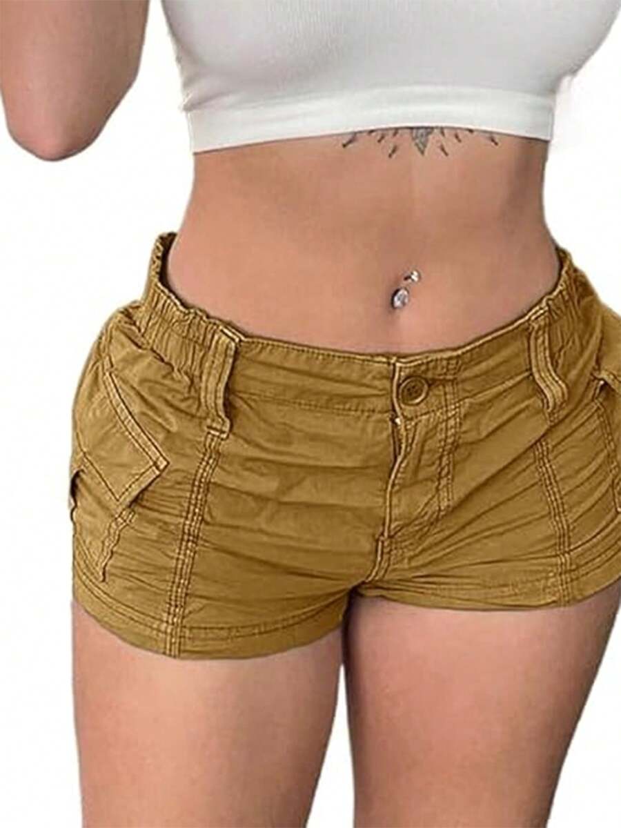 Women Y2k Cargo Shorts Solid Color Vintage Elastic Casual Summer Plus Size Low Rise Shorts With Pockets Egirls Slim Fitted Short Pants For Nightclub Retro Harajuku Streetwear Aesthetic Clothes - màu nâu - Xem 1