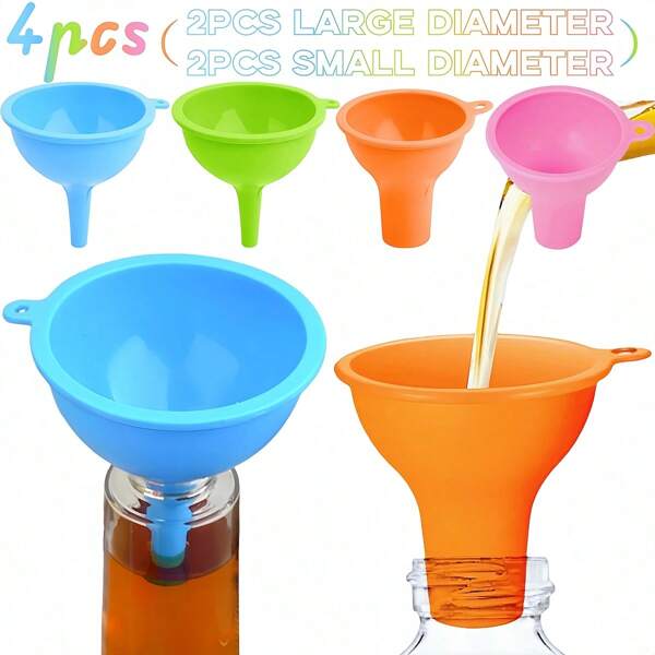 4pcs Set Of Silicone Funnels,2 Sizes Of Small Funnels, Silicone Mini Food Funnels,Bottle Funnel, Including: 2pcs Small-Caliber Funnels, 2pcs Large-Caliber Funnels, Multi-Color Flexible Condiment Funnels
