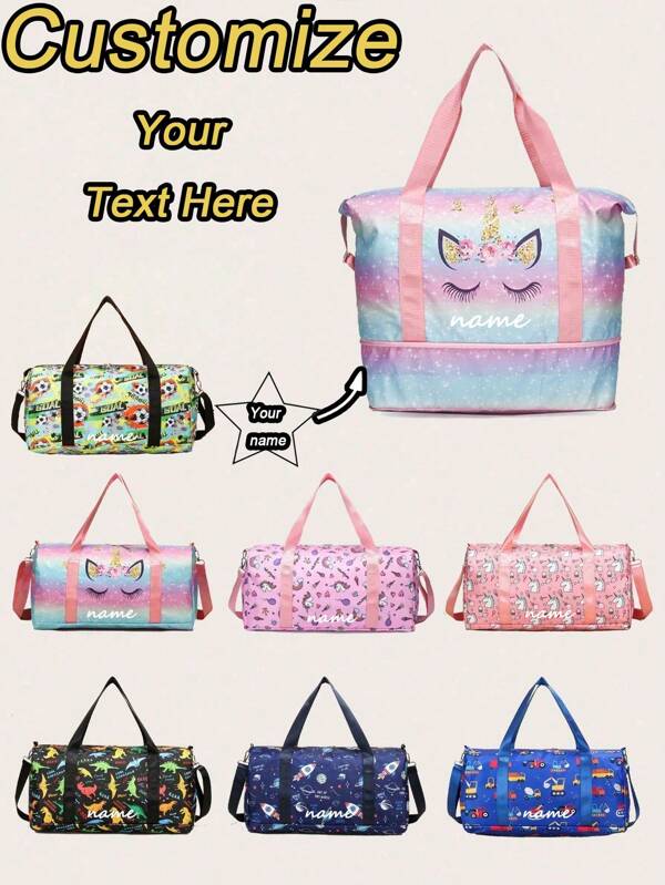 1 Pieza Bolsa de viaje de ocio personalizable con diseño de unicornio de dibujos animados, de gran capacidad para yoga, natación, bolsa de fitness con compartimento seco y húmedo, bolso deportivo para entrenamiento