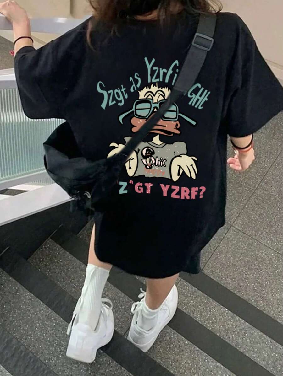 女士夏季宽松圆领可爱小鸭子卡通印花 T 恤