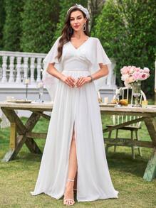 UNITHORSE Vestido de novia de lujo con volantes, adornos de cuentas en la cintura, silueta acampanada, vestido de novia elegante para la boda