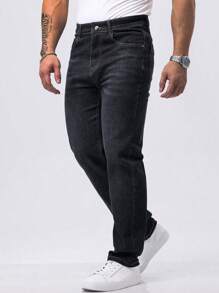 Straight Leg Stretch Jeans For Daily Wear, Made Of Washed Cotton Denim - Black - View 4