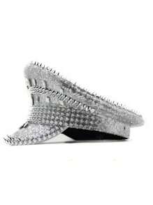 1pc Women's Wedding Hat, Silver Sequin & Rhinestone Embellished Military/Snapback Style Peaked Flat Cap For Photography, Party, Performance - Multicolor - View 3