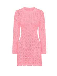 Women's Mid-Length Crew-Neck Hollowed-Out Backless Holiday Slim-Fit Knit Dress With Flared Sleeves Beach Cover Ups Crochet Mesh Bathing Suit Knot Dress Long Sleeve Backless Knitted Up Swimwear Mini Coverups Vacation Outfit, Spring Summer Fall - Pink - View 2