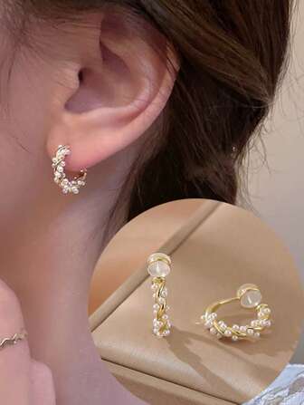 1pair High-End Luxurious Circle Design Faux Pearl & Copper Earrings, Ear Cuffs For Women Without Piercings, Silicone Ear Clips, Birthday Gift