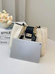 Beige Woven Tote Bag, Unique Texture Showcases Premium Quality. Black Leather Shoulder Strap Paired With Shiny Gold Hardware, Eye-Catching Personal Style. Large Capacity & Super Practical Women's Tote Bag, Cross-Border Bestseller - Black and White - View 5