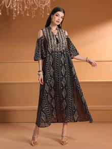 女士纯色贴花镂空优雅刺绣阿拉伯风格夏装（领口花卉带随机剪裁，可能不完美匹配） - 黑色 - 查看 6