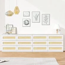 Studyset Rattan Dresser For Bedroom With 6 Drawer,Modern Wide Chest Of Drawers With Anti-Tip Kit & Smooth Slide Rail,Wood Dressers & Chests Of Drawers,Wood Storage Dresser For Bedroom,Closet - 白色 - 查看 4