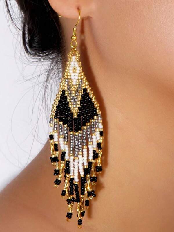 1 Pair Vintage Rhombus Woven Beaded Tassel Drop Earrings, High-End Fashion Design For Women Suitable For Evenings, Daily Gatherings And Parties