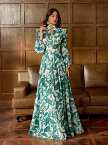 仙女印花奢华花卉印花雪纺晚礼服，高领主教袖设计——完美适用于婚礼、红毯活动、盛大晚宴、艺术画廊开幕式和上流社会舞会，也是度假必备单品。 - 綠色 - 查看 1