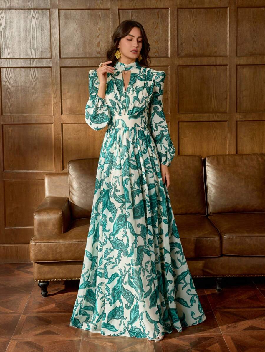 仙女印花奢华花卉印花雪纺晚礼服，高领主教袖设计——完美适用于婚礼、红毯活动、盛大晚宴、艺术画廊开幕式和上流社会舞会，也是度假必备单品。 - 綠色 - 查看 1