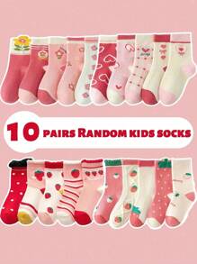 10 Pairs Spring & Summer Strawberry Floral Lace, Heart Print Mid-Calf Socks - Multicolor - View 5