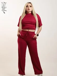Camiseta de cuello redondo y mangas estilo murciélago y pantalones con cordón en la cintura - Magenta / Caoba - Ver 5