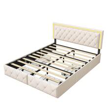 Rosahqnda Upholstered Bed, Double Bed Frame With 4 Drawers, PU Leather Headboard, Youth Bed, Upholstered Bed Frame Without Mattress, 2 Sizes, White And Dark Grey - 白色 - 查看 9