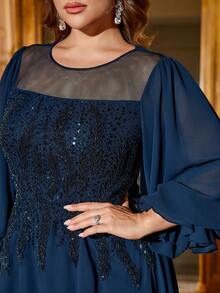 SUPGIR Plus Women's Round-Neck Lantern Sleeve Beads Sequin Chiffon Slim-Fitting Evening Dress - Navy Blue - View 5