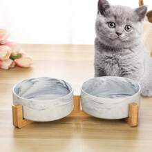 陶瓷猫狗碗，带防滑木架，增高宠物食品和水碗，圆形宠物喂食碗，可放入洗碗机清洗，易于清洁 - 深灰色 - 查看 2