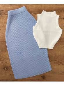 女士优雅复古Y2K度假休闲性感针织吊带背心和半身裙两件套，适合春夏海滩穿着，慵懒可爱 - 彩色 - 查看 2