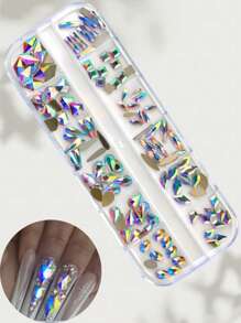 1 Box Nail Art Studs Flat Rhombus Water Drop Heart Bow Square Crystal Rhinestones, 12 Grids Ultra Sparkly Nail Gems Nail Supplies Nails Nail Charms