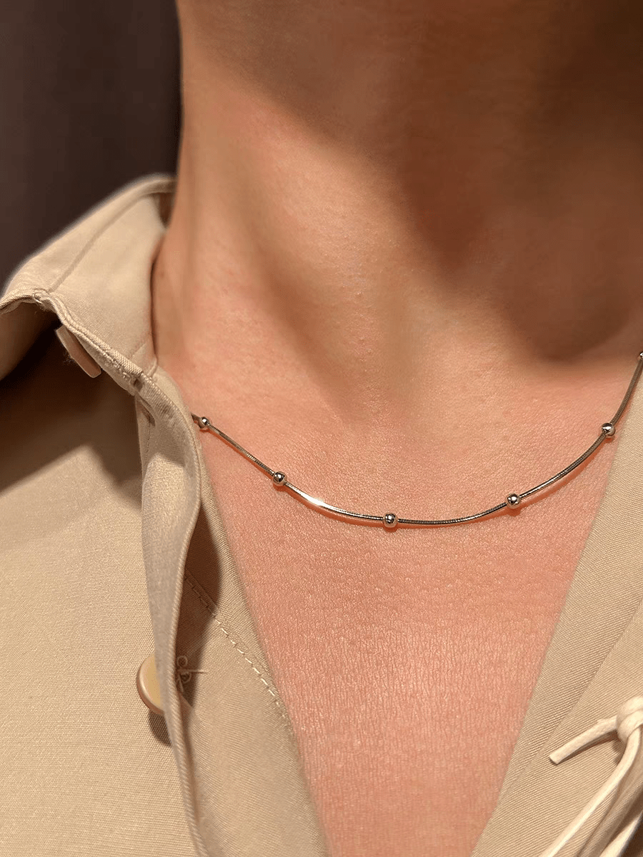 A Piece Of Attractive Stainless Steel Bead-Decorated Snake Chain Men's Necklace For Daily & Street Style