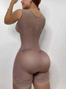 Women's Solid Color Zipper Corset Shapewear Romper, Tummy Control Shaper, Women's Shapewear For Daily Wear - Apricot - View 5