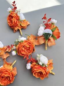 1pc/6pcs Artificial Silk Flower Groom Boutonniere Man Corsage Graduate Pin Suit Wedding Flowers Party Decoration Valentine's Day Accessories - Orange - View 2