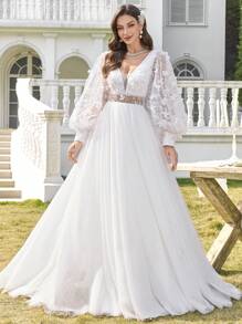 UNITHORSE V领婚纱配彩色花卉蕾丝贴花，网眼拼接白色晚礼服，白色礼服，新娘 - 白色 - 查看 4