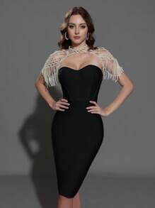 Modphy Black Bandage Bodycon Dress With Faux Pearl Beaded Shawl, Fashion Evening Gown For Parties And Festivals, Party Dress, Wedding Guest Dress, Prom Dress - Black - View 1