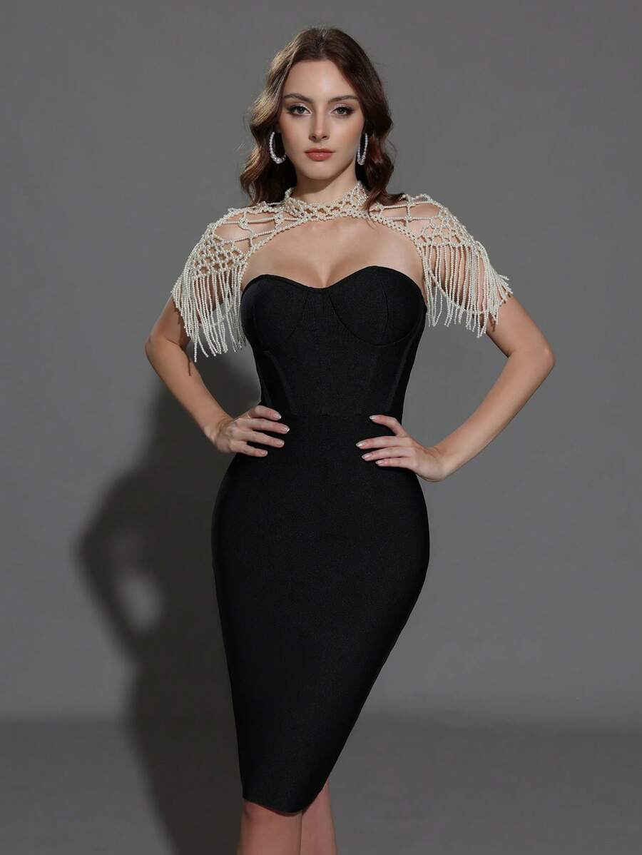 Modphy Black Bandage Bodycon Dress With Faux Pearl Beaded Shawl, Fashion Evening Gown For Parties And Festivals, Party Dress, Wedding Guest Dress, Prom Dress - Black - View 1