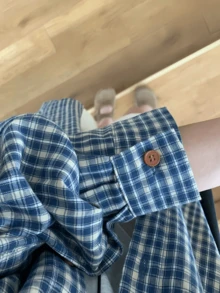 复古美式宽松格子女式衬衫，春夏休闲复古风衬衫 - 藍色 - 查看 7