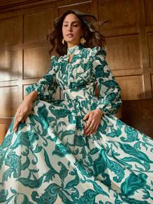仙女印花奢华花卉印花雪纺晚礼服，高领主教袖设计——完美适用于婚礼、红毯活动、盛大晚宴、艺术画廊开幕式和上流社会舞会，也是度假必备单品。 - 綠色 - 查看 5