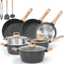 SODAY 12pcs Pots And Pans Set Non Stick Kitchen Cookware Sets Induction Cookware Nonstick Granite Cooking Set With Frying Pans, Saucepans, Steamer - 13pcs Black/with 6.5QT Casserole - View 1