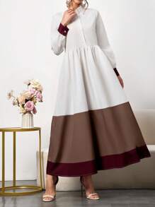 Rochie maxi pentru femei cu guler cămașă și blocuri de culoare - Rochie elegantă cu mânecă lungă și panouri contrastante pentru ținute casual de primăvară-vară, rochii elegante și modeste - Multicolor - Vizualizare 2