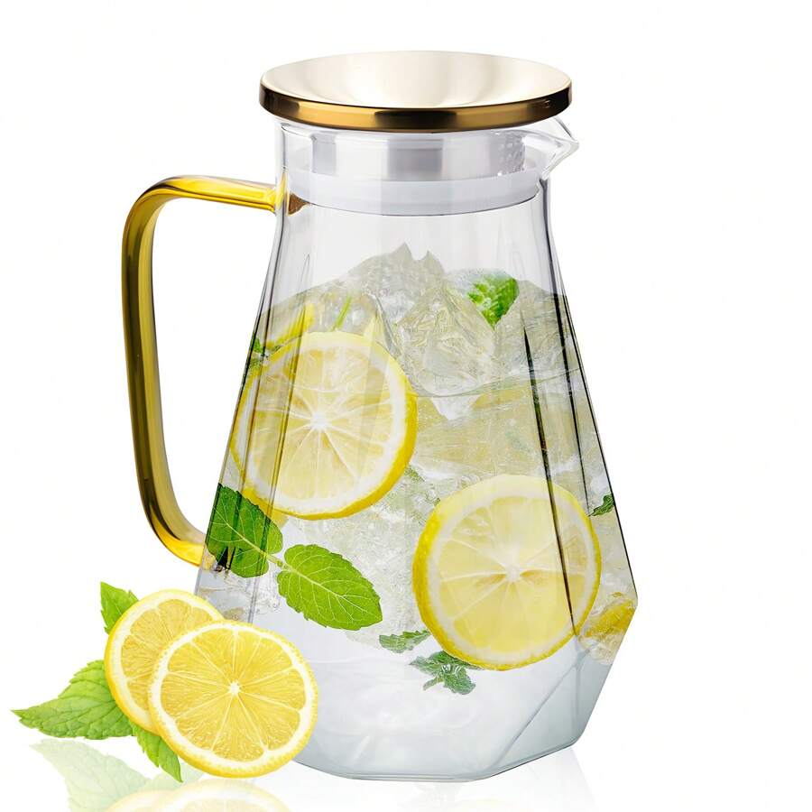 2000ML Diamond-Design Glass Water Pitcher With Gold Lid - Elegant & Durable Cold Beverage Dispenser - As Shown - View 1