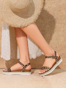 Women's Wedge Sandals Low Heel One-Strap Ankle Strap For Dress Vacation, Wedding,Beach Commuting Summer Flat Sandal  Leopard Shoes - 豹 - 查看 3