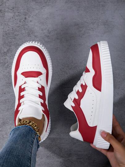 Women's Breathable Mesh Platform Lace Up Skater Sneakers, White & Red, Casual Campus Style Sports Shoes