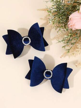 2pcs Navy Blue Hair Bows For Girls Plain Velvet Bow Alligator Clips With Round Rhinestone Simple Hair Clips Elegant Barrettes Toddler Girls Bows Clips Kids Hair Accessories