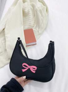 1pc Bow Print Summer Kids' Oxford Cloth Sling Bag, Basic Solid Color Zipper Underarm Crossbody Bag Suitable For College Students/Girls/Teenagers, Suitable For Festivals/Vacations/Holidays, University/College Classroom - Black - View 5