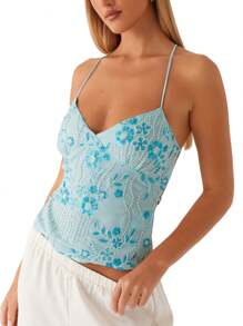 Women Y2k Sequin Beaded Cami Top Sparkly Floral Open Back Spaghetti Strap Crop Tank Top Sexy V Neck Camisole Summer Backless Pearl Embellished Shirts Going Out Tops Beach Vacation Party Clubwear Fairy Grunge Retro Aesthetic Clothes Streetwear - 藍色 - 查看 3