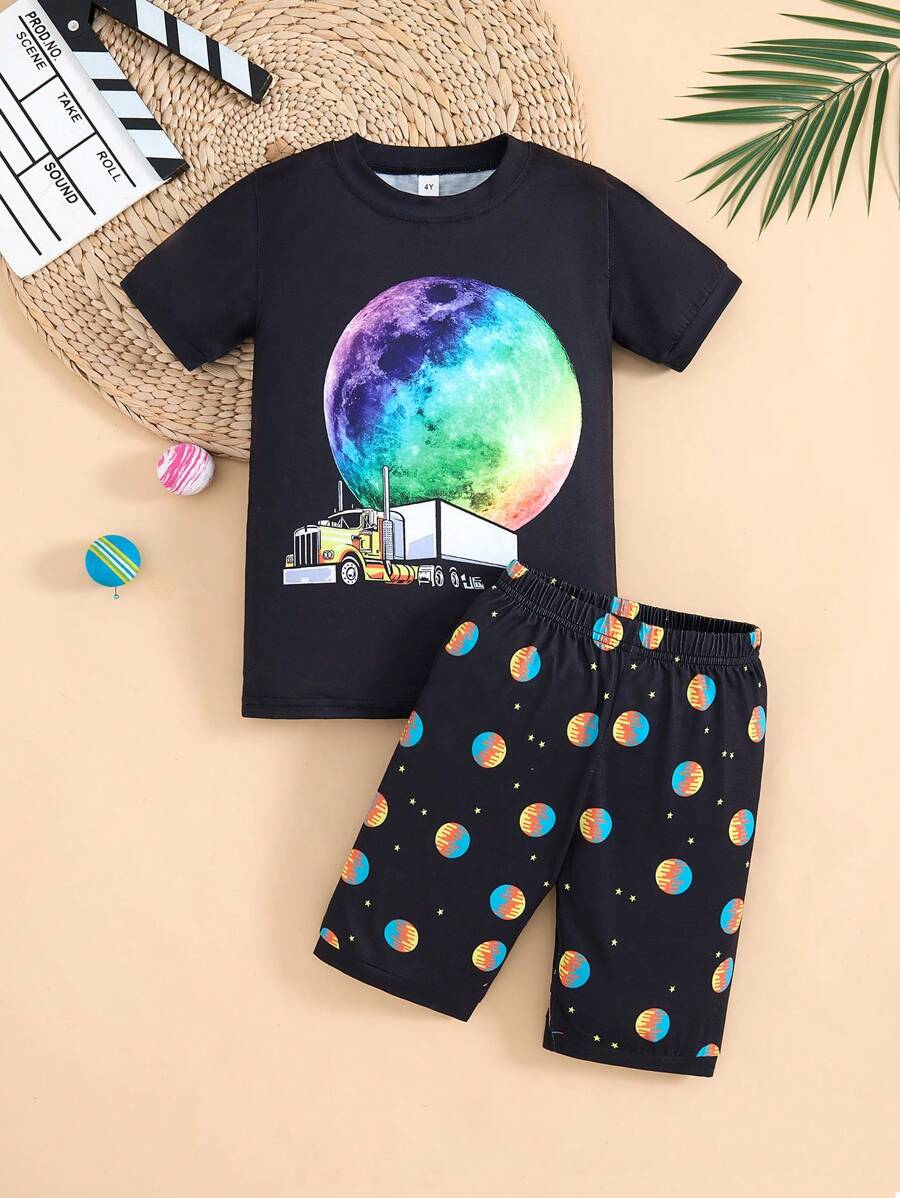 2pcs 2025 Spring/Summer Boys 2-7Y Healthy & Skin-Friendly Black Pajamas Set, 3D Planet Digital Print Short Sleeve Shorts Sleepwear - Black - View 1