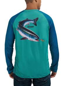 RODEEL Long Sleeve Shirts W/ Fish Print Men UPF 50+ Sun UV Protection Lightweight Quick Dry Moisture Wicking Breathable Cooling Athletic Activewear For Outdoor Fishing Hiking Running Biking Boating Construction Landscaping Gym Workout, Gifts For Men - 水鴨藍 - 查看 4