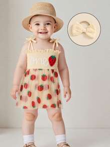 Baby Girl First Birthday Outfit Summer Sleeveless Smocked Fairy Berry One Romper Tulle Dress Baby Girl 1st Birthday Clothes One Year Old Tulle Romper Sleeveless Bodysuit Cake Smash Outfits + Headband - 米色 - 查看 3