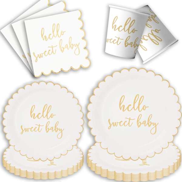 10/20pcs Welcome Newborn White Gold Theme Lace Foil Scribble Pattern Party Supplies, Includes 7"/9" Lace Rim Paper Plates, Party Napkins, Paper Cups, Suitable For Birthday Party, Family Gathering, Campfire Night, Outdoor Picnic, Baby Shower, Gender Reveal Party Summer Gifts Wedding Beach Back To School School Supplies Room Decor