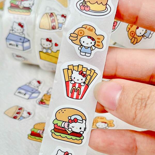 Sanrio Rolo de adesivos Sanrio Hello Kitty e Pochacco com 500 peças - Adesivos decorativos fofos de desenho animado para diários, desktops, fãs de anime e artesanato, com comida divertida e designs de personagens, fundo branco, adesivos de anime